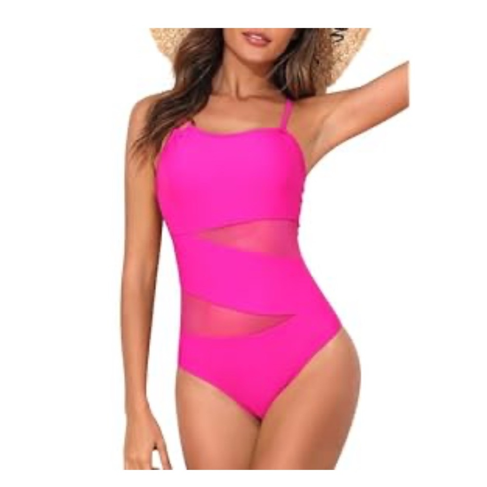 Pink One-Piece Swimsuit with Mesh Detail